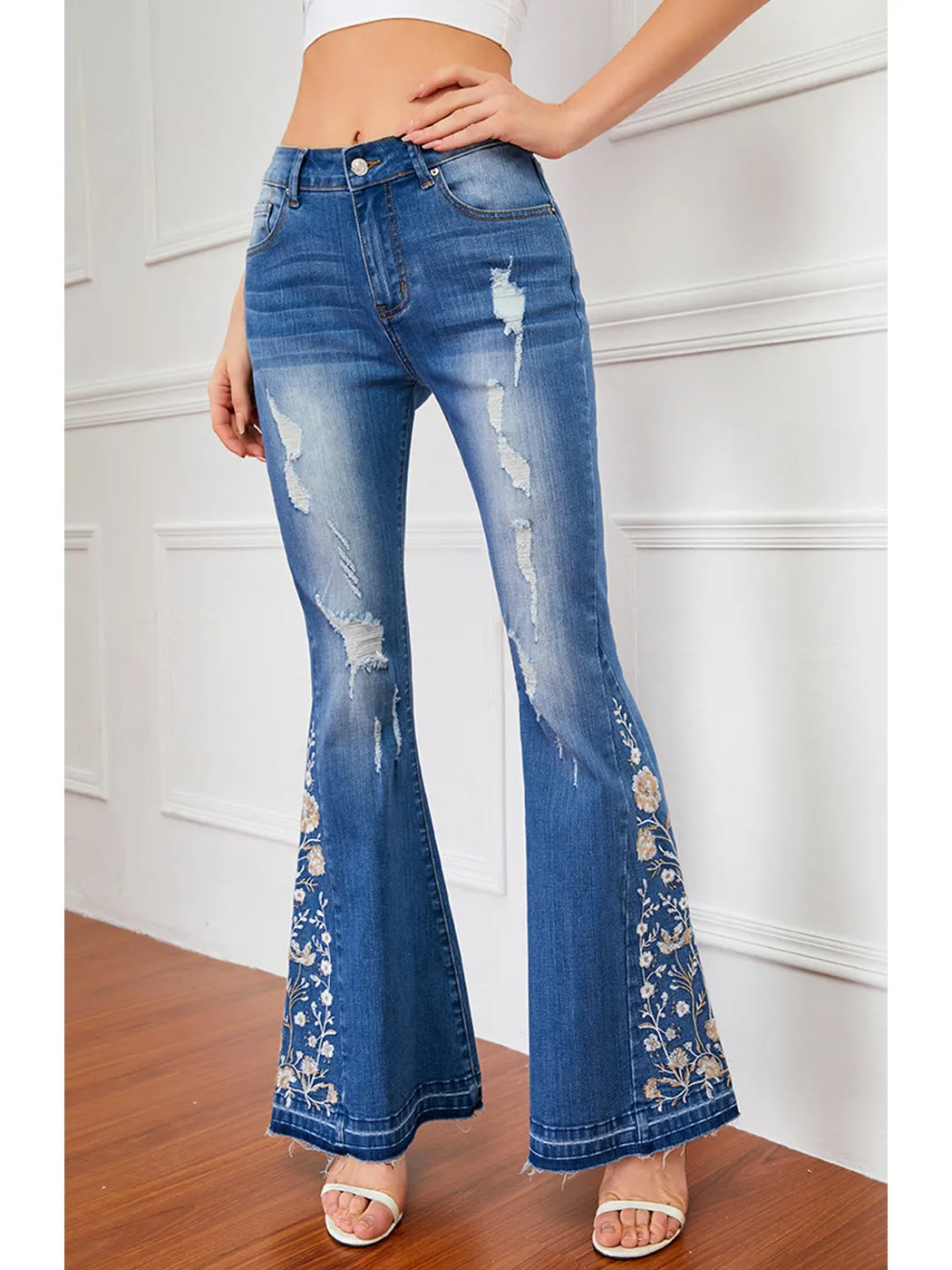 Floral Daisy Embroidered Mid Rise Bell Bottom Jeans