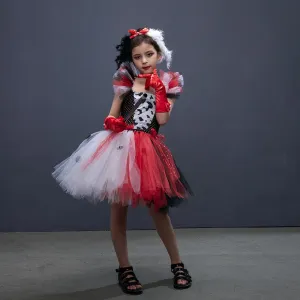 Halloween Children's Cosplay Movie Black and White Puppy Dress Small Round Dot Printed Mesh Stage Performance Cosplay Costume