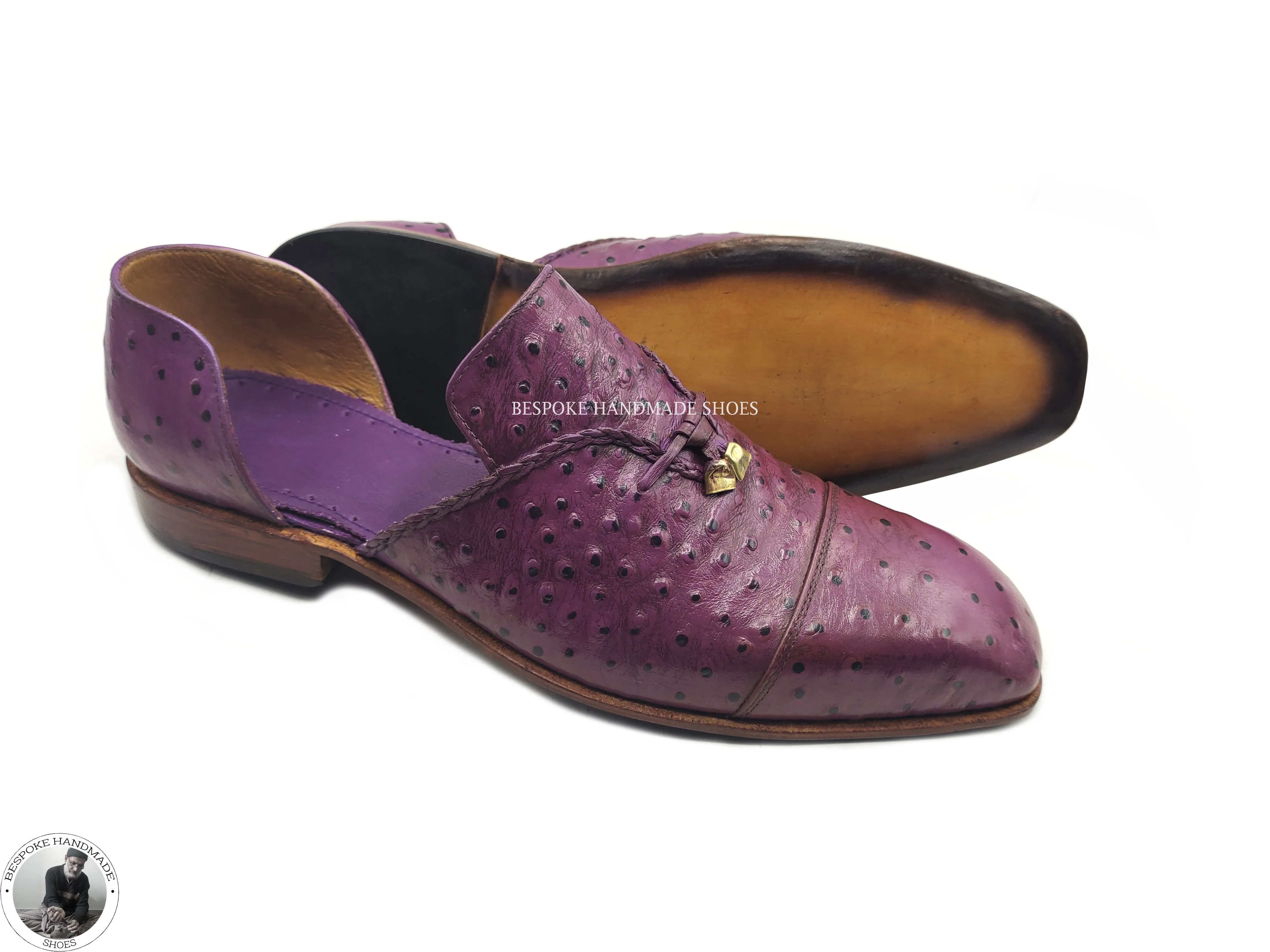 Handmade Purple Leather Toe Cap Half Slippers Ostrich Men's Dress Shoes