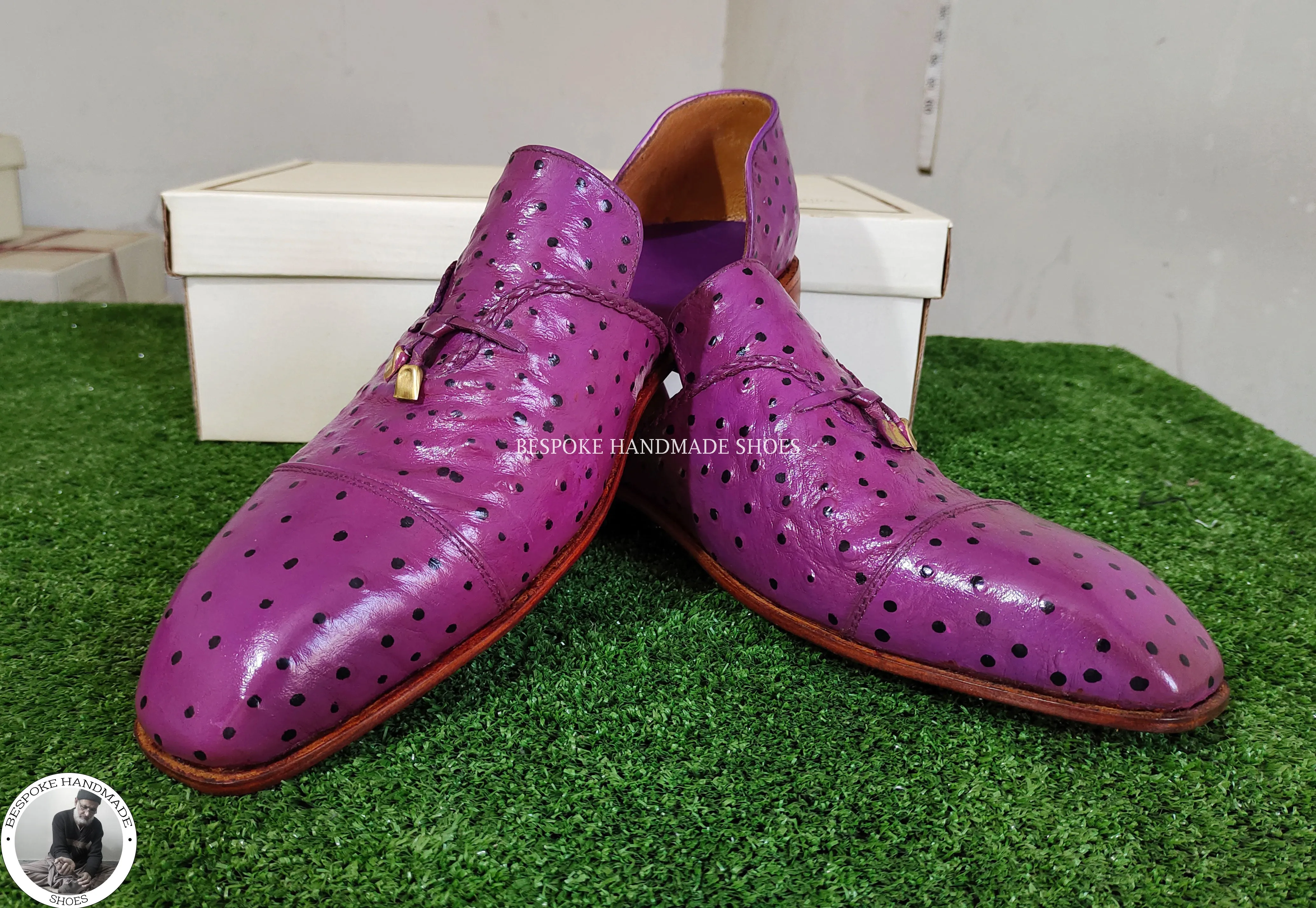 Handmade Purple Leather Toe Cap Half Slippers Ostrich Men's Dress Shoes