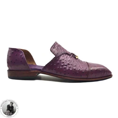 Handmade Purple Leather Toe Cap Half Slippers Ostrich Men's Dress Shoes