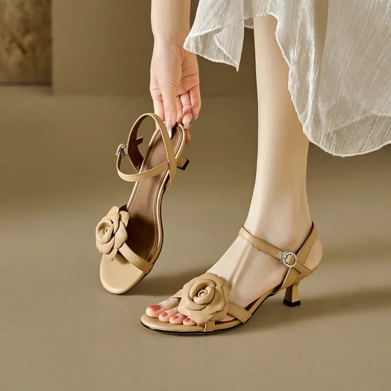 Handmade Strappy Leather heels Retro Open Toe Sandals With Flower Details