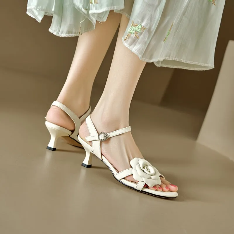 Handmade Strappy Leather heels Retro Open Toe Sandals With Flower Details