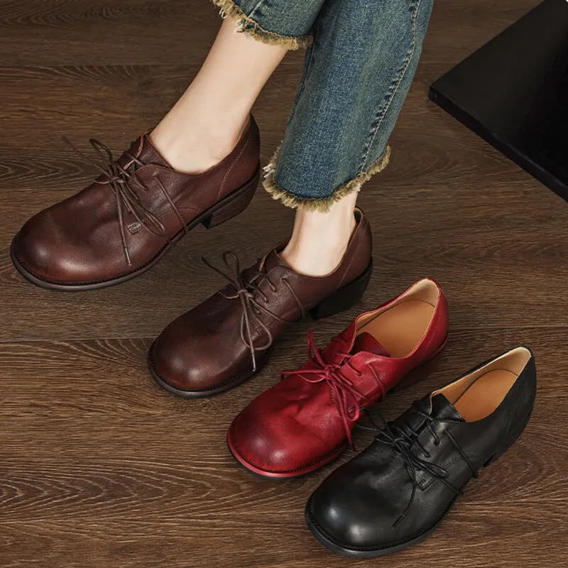 Horse Leather Classic Round Toe Oxfords & Tie Shoes For Women Derby Shoes in Red/Black/Brown