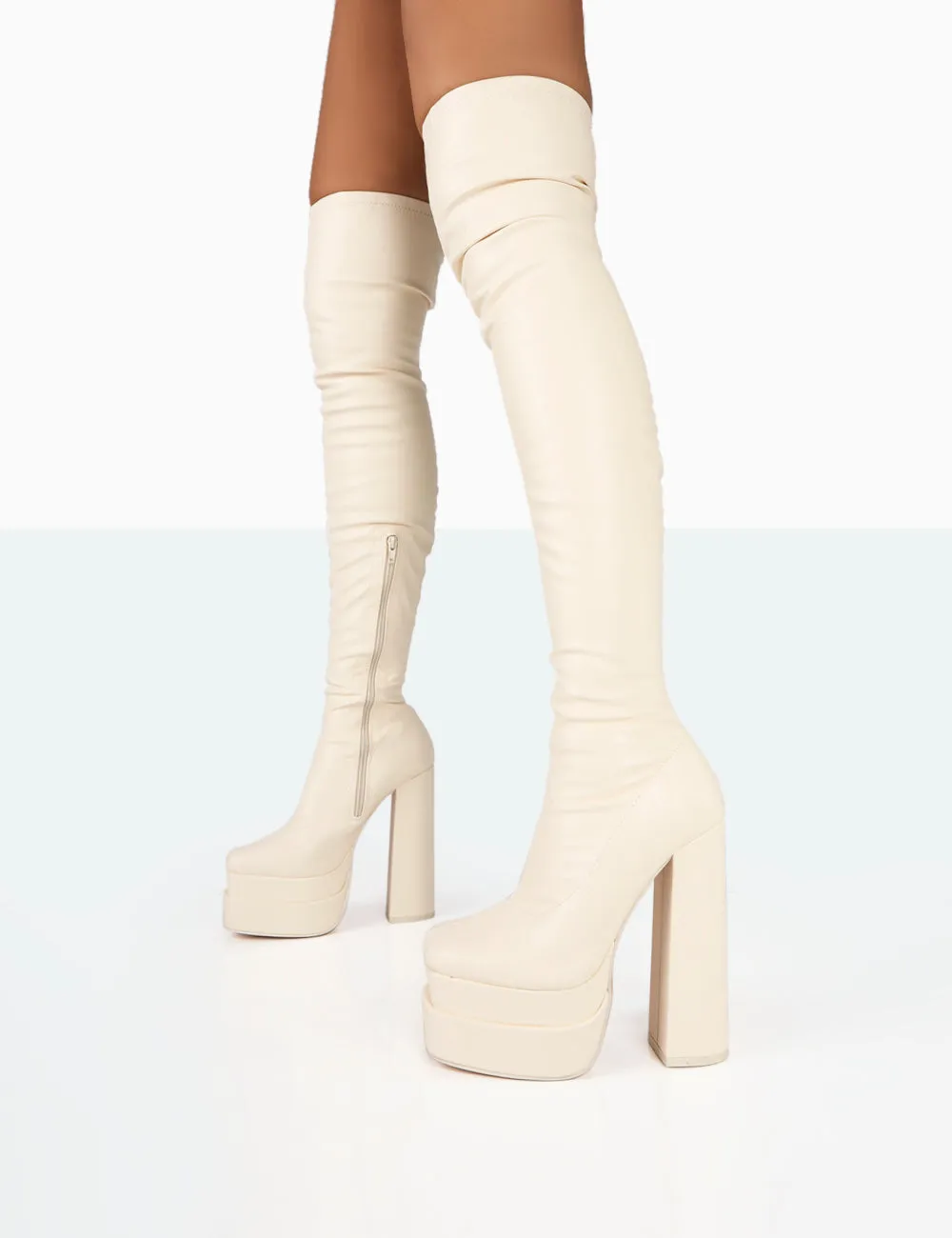 Identity Ecru Grain Pu Platform Heel Over The Knee Boots