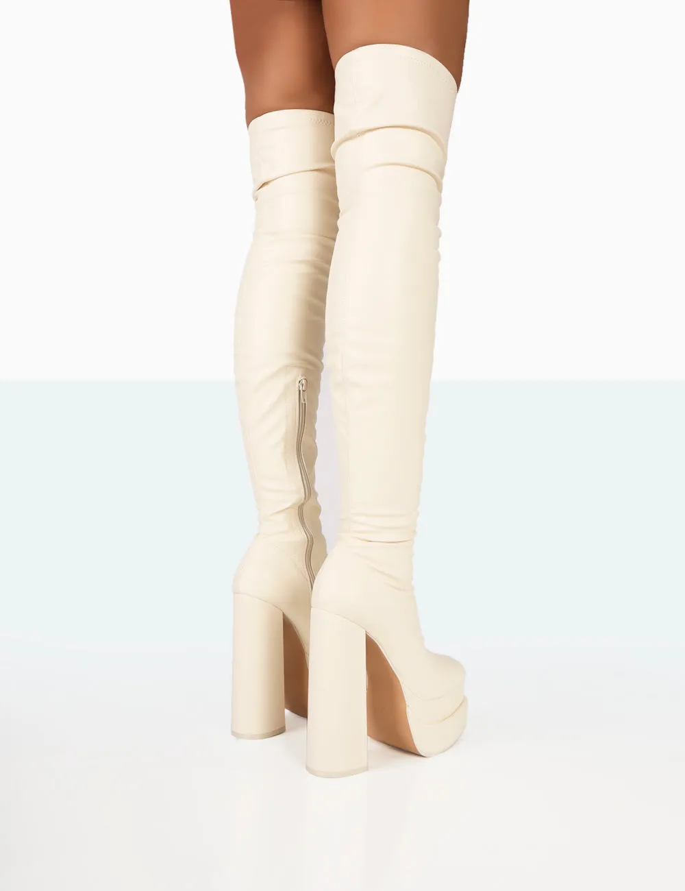 Identity Ecru Grain Pu Platform Heel Over The Knee Boots