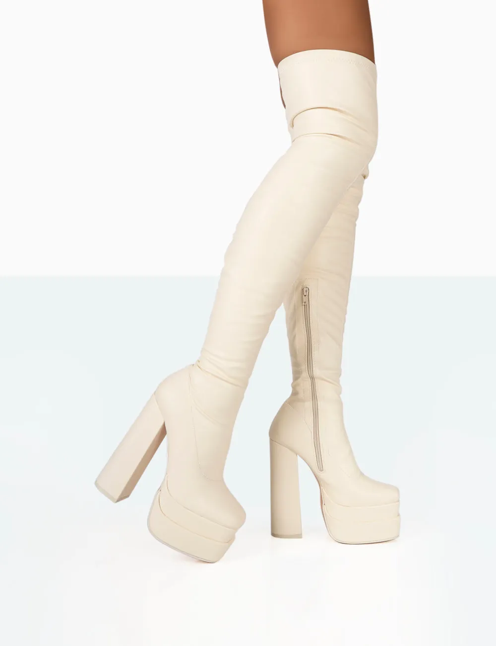 Identity Ecru Grain Pu Platform Heel Over The Knee Boots