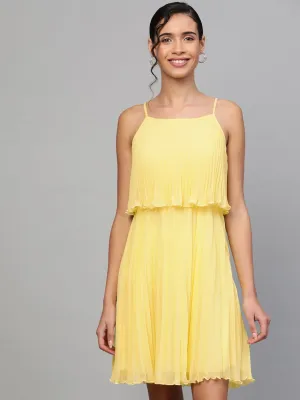 Lemon Pleated Short Strappy Skater Dress