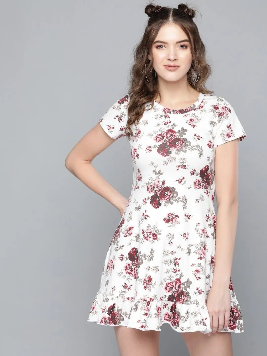 Maroon Floral Frill Hem Skater Dress