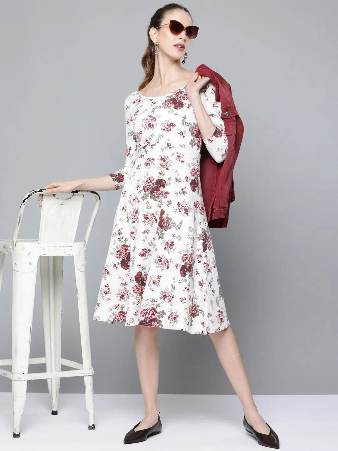 Maroon Floral Skater Midi Dress