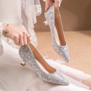 Med Heel Bling Sequins Wedding Shoes Women Slip-On Gold Silver Thin Heels Pumps Woman Pointed Toe Shiny Party Shoes Plus Size 42