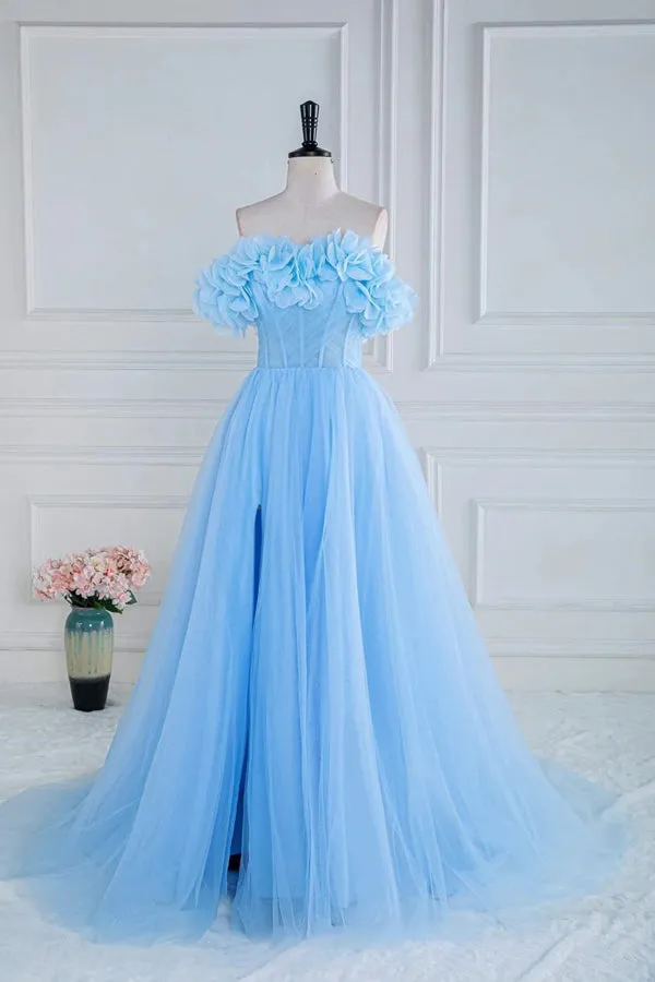 Off the Shoulder Strapless Flower A-Line Tulle Blue Prom Dress PSK474