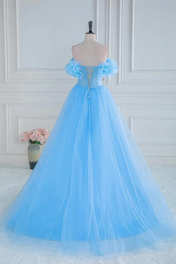 Off the Shoulder Strapless Flower A-Line Tulle Blue Prom Dress PSK474