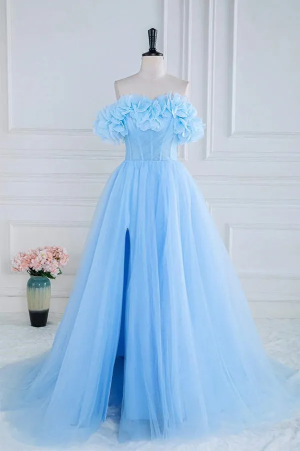 Off the Shoulder Strapless Flower A-Line Tulle Blue Prom Dress PSK474