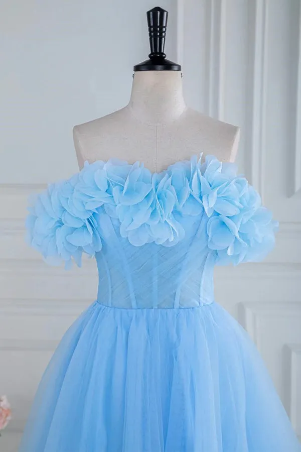 Off the Shoulder Strapless Flower A-Line Tulle Blue Prom Dress PSK474