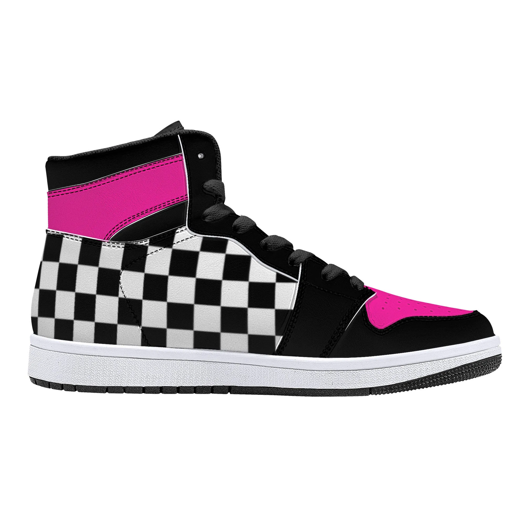 Pink/ Checkered Flag High-Top Leather Sneakers - Black