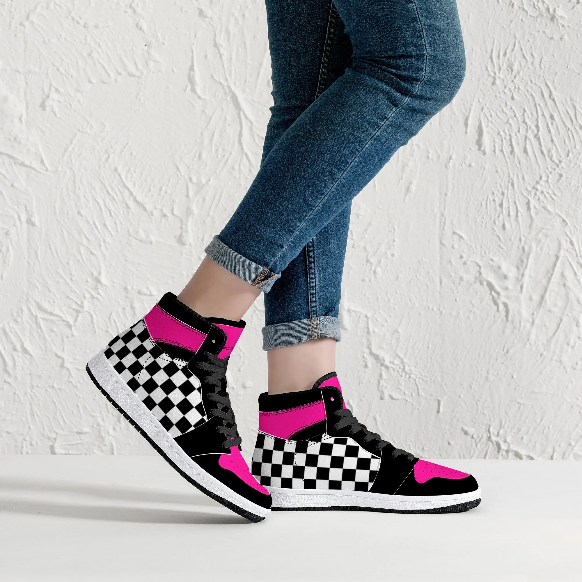 Pink/ Checkered Flag High-Top Leather Sneakers - Black