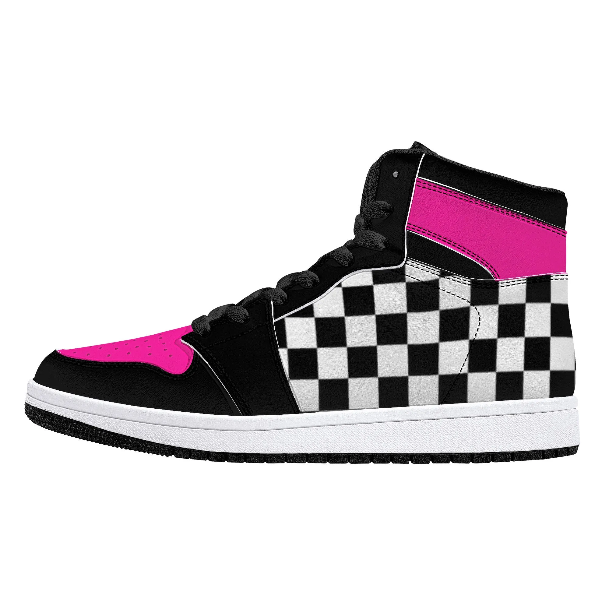 Pink/ Checkered Flag High-Top Leather Sneakers - Black