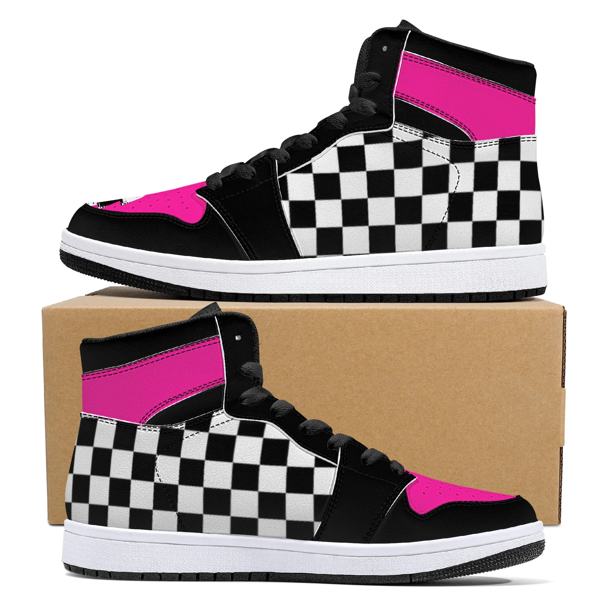 Pink/ Checkered Flag High-Top Leather Sneakers - Black