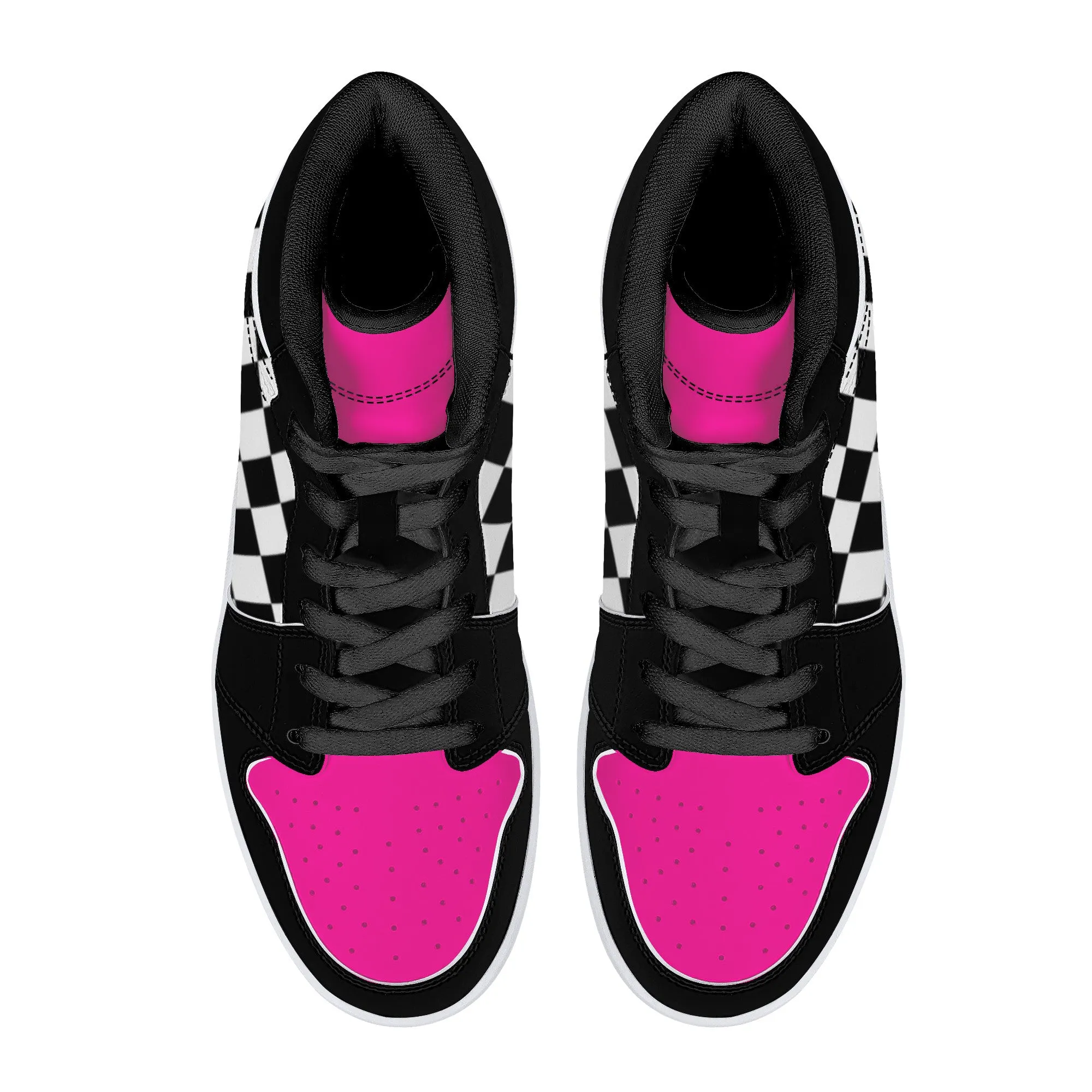 Pink/ Checkered Flag High-Top Leather Sneakers - Black