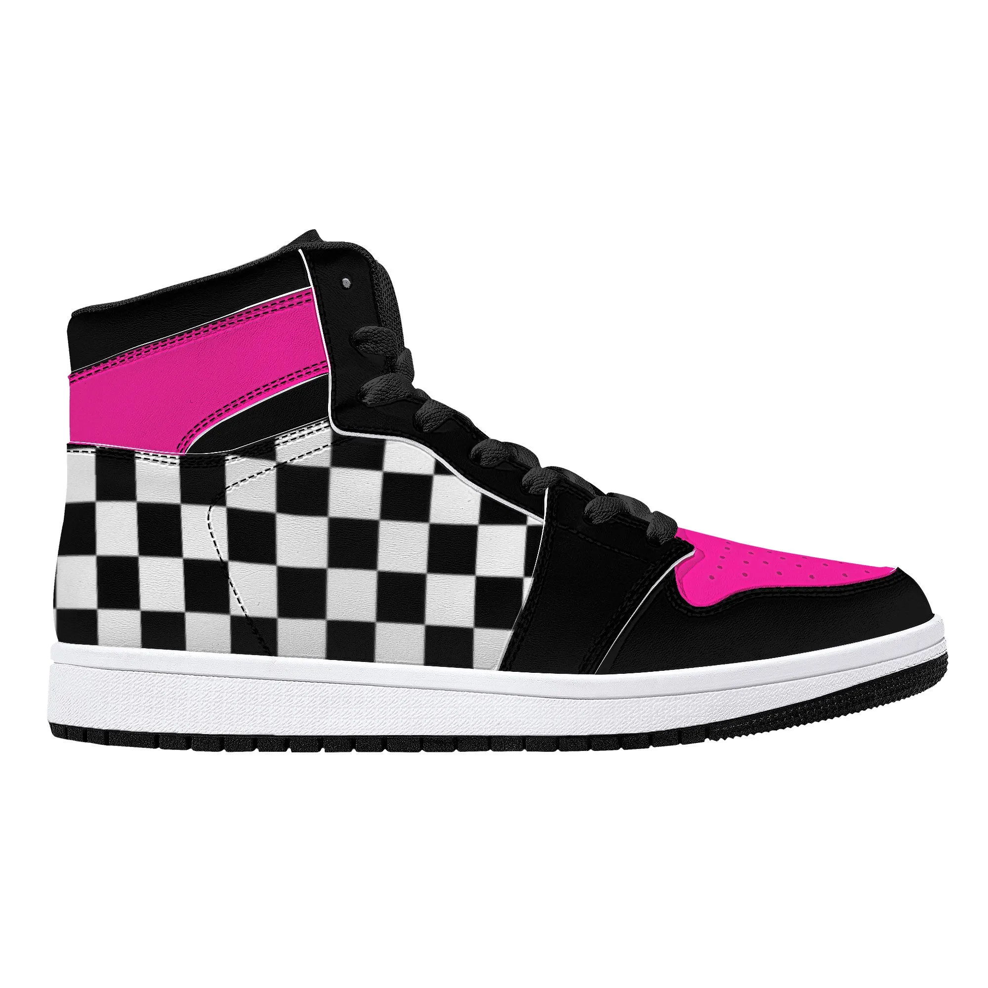 Pink/ Checkered Flag High-Top Leather Sneakers - Black