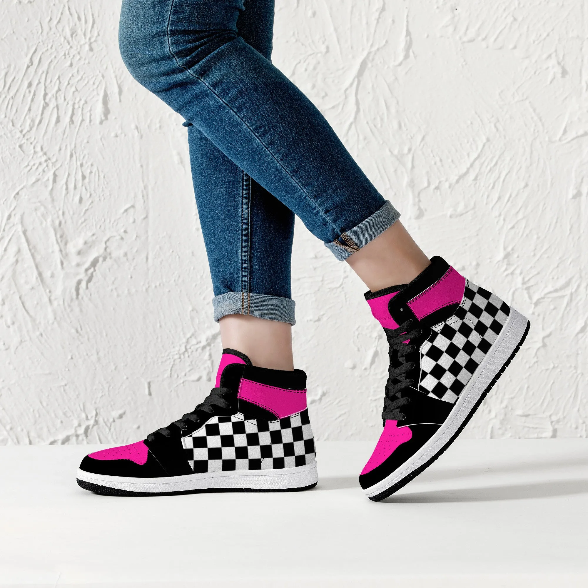 Pink/ Checkered Flag High-Top Leather Sneakers - Black