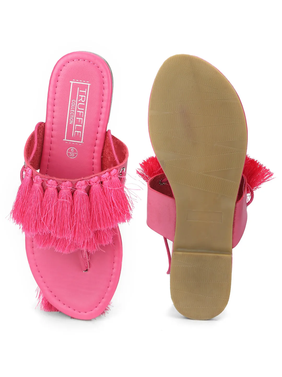 Pink PU Lace-up Tasseled Flat Sandals