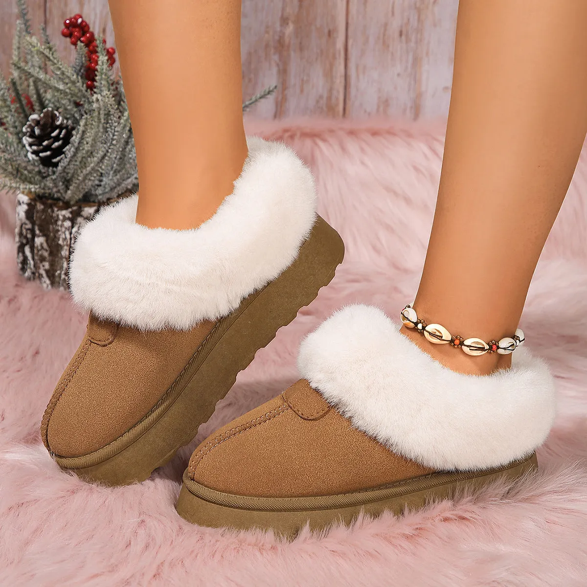 Plus Size Round Toe Thick Sole Warm Fleece Lined 2024 Winter Shoes