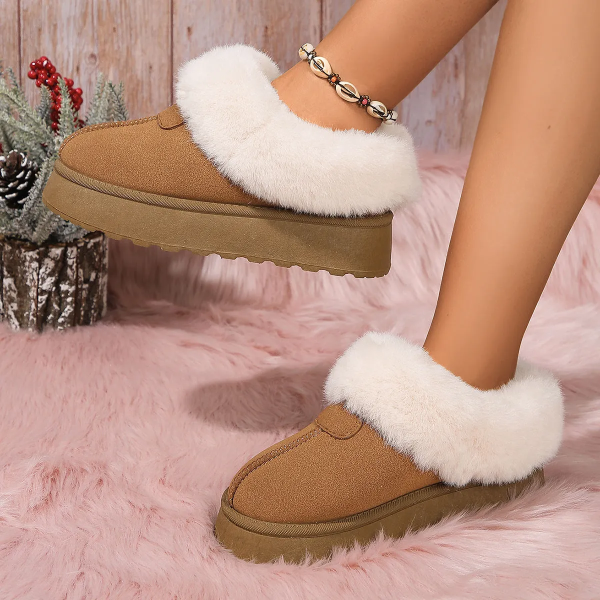 Plus Size Round Toe Thick Sole Warm Fleece Lined 2024 Winter Shoes