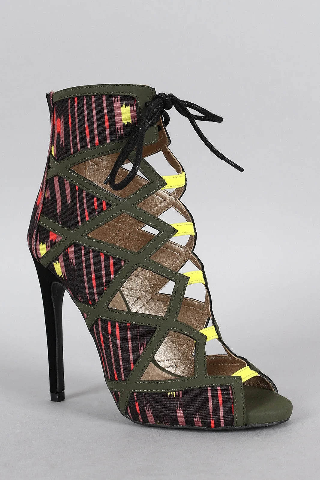 Qupid Abstract Caged Peep Toe Bootie