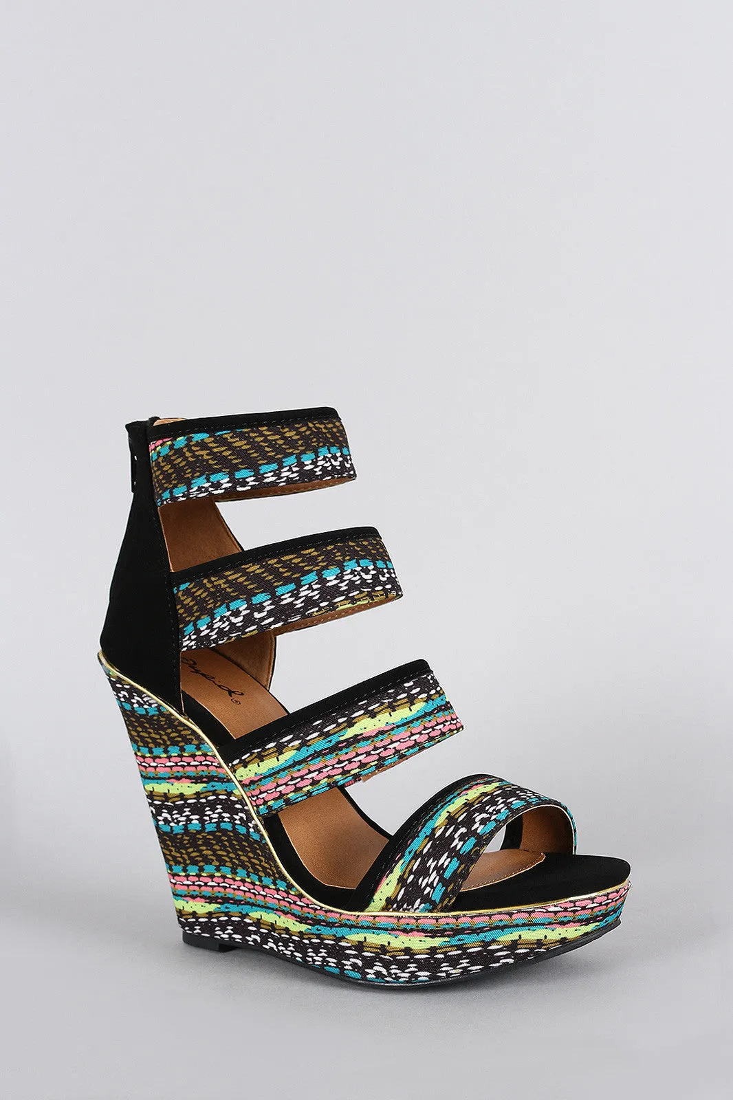 Qupid Abstract Print Strappy Caged Open Toe Platform Wedge