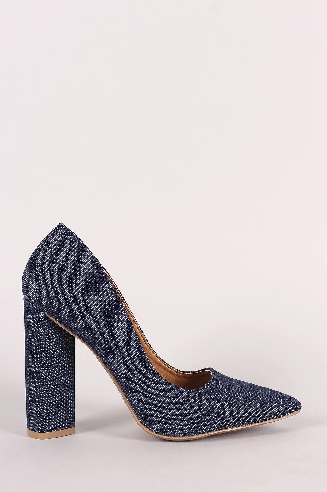 Qupid Denim Pointy Toe Chunky Heeled Pump