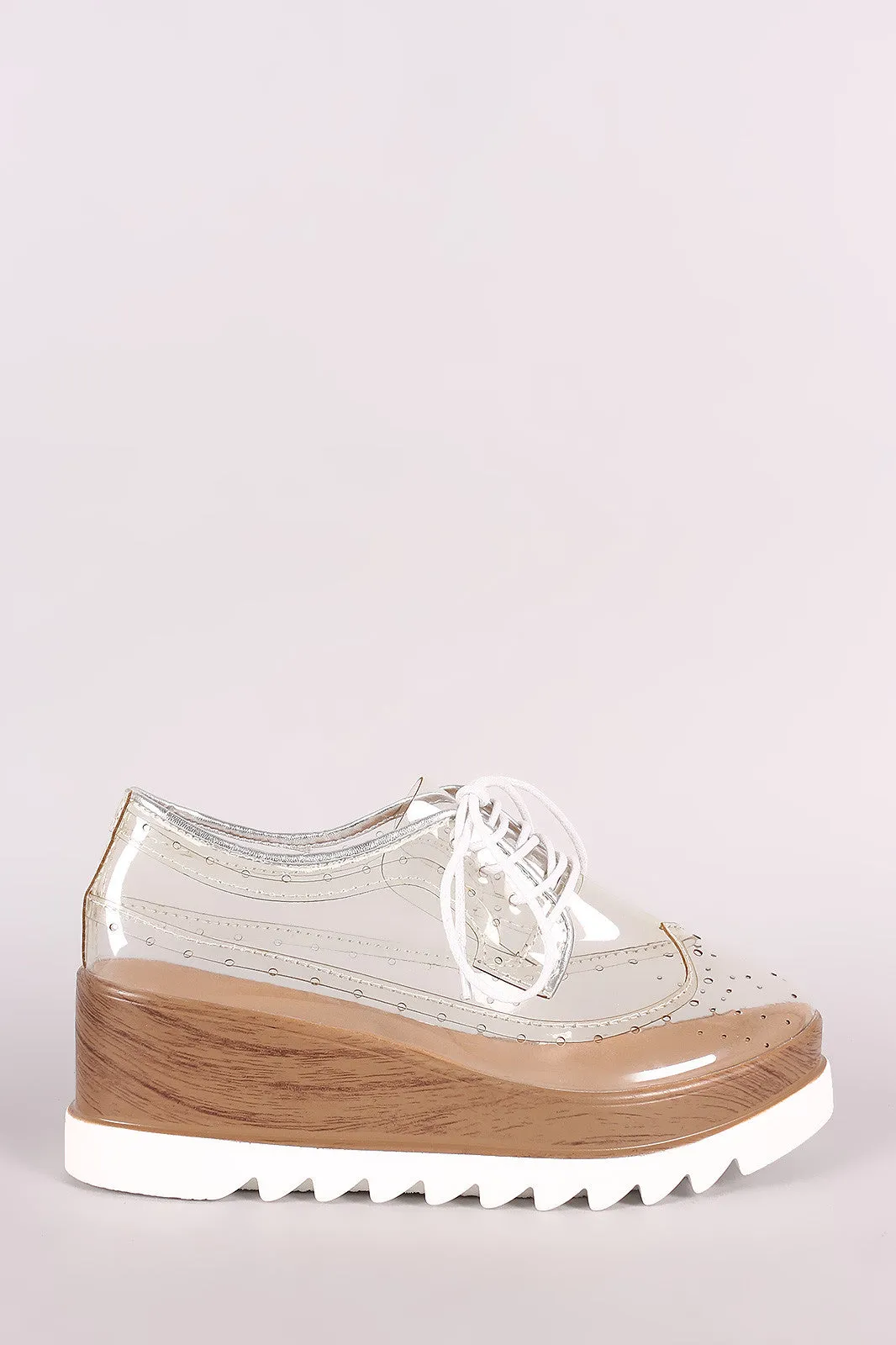 Qupid Perforated Lucite Lug Sole Lace Up Oxford Wedge