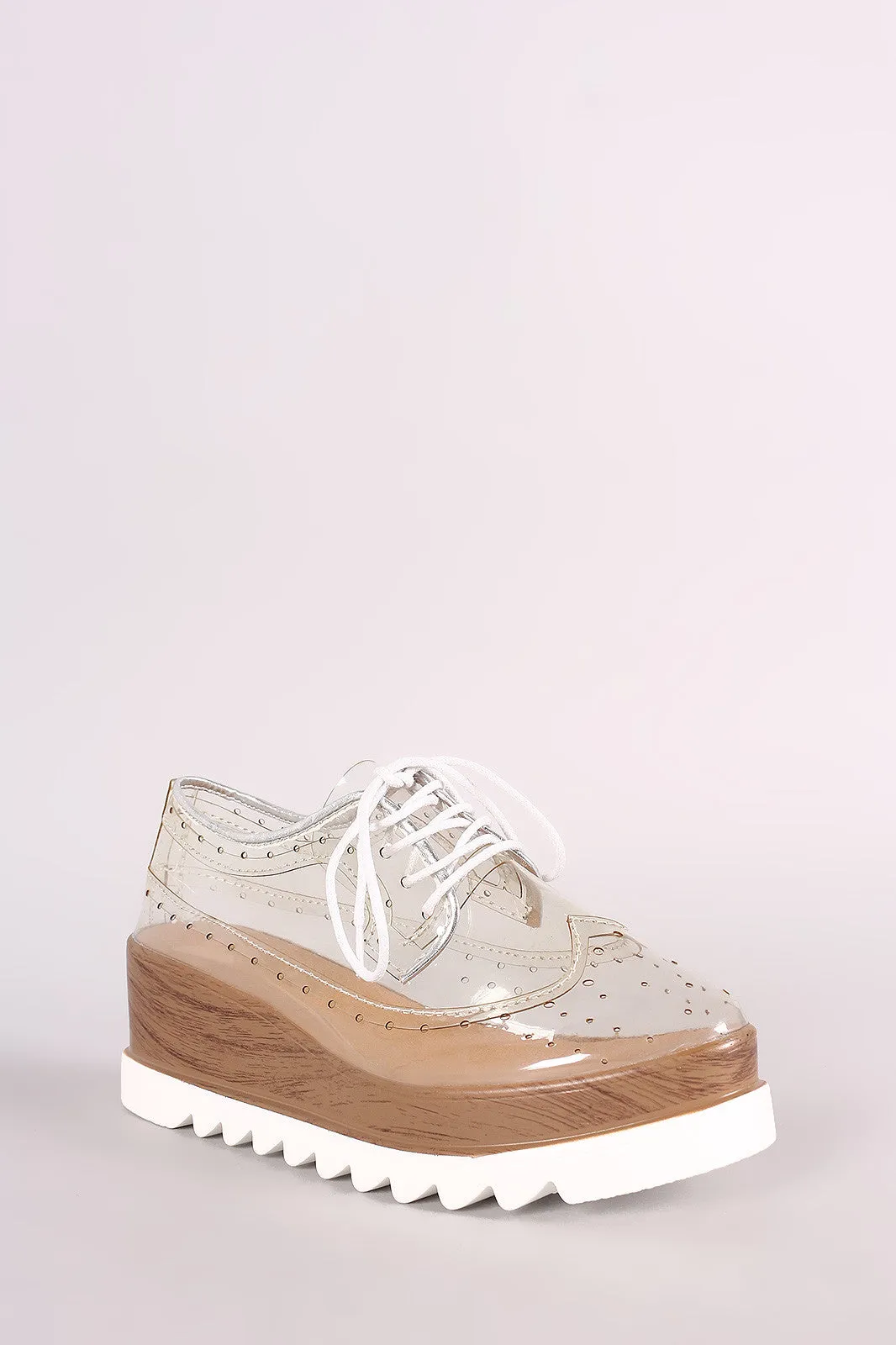 Qupid Perforated Lucite Lug Sole Lace Up Oxford Wedge