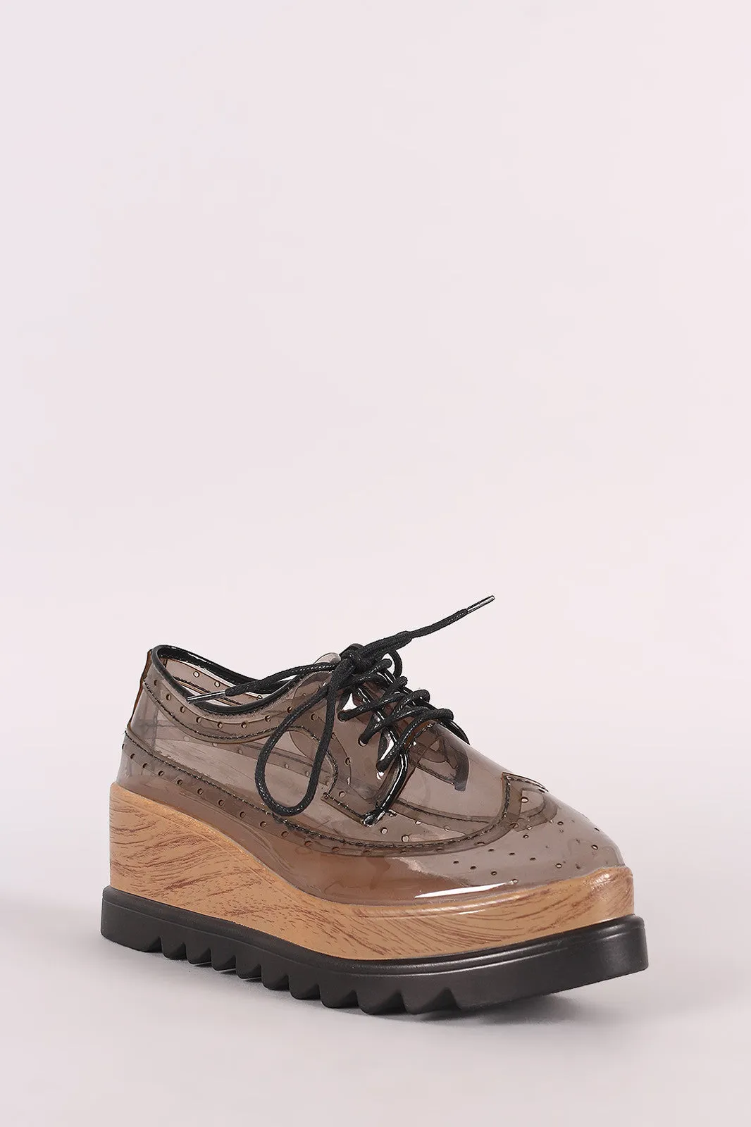 Qupid Perforated Lucite Lug Sole Lace Up Oxford Wedge