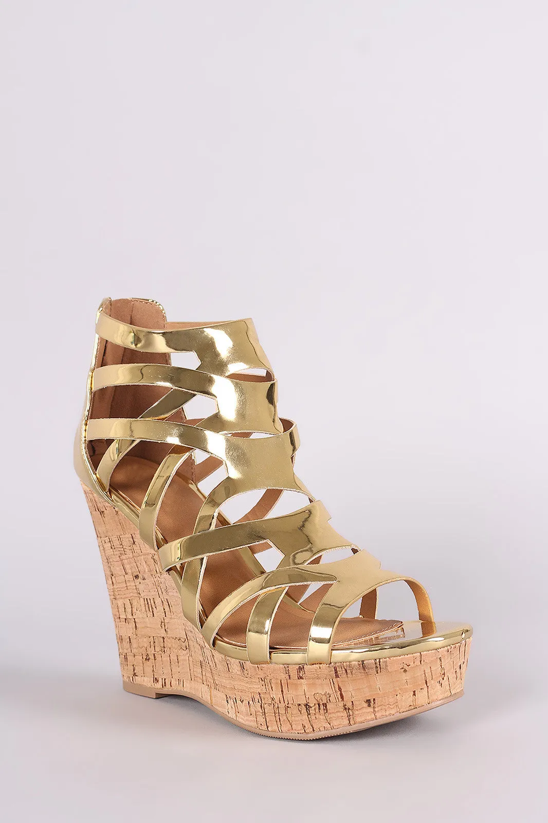 Qupid Shiny Metallic Strappy Caged Open Toe Cork Platform Wedge