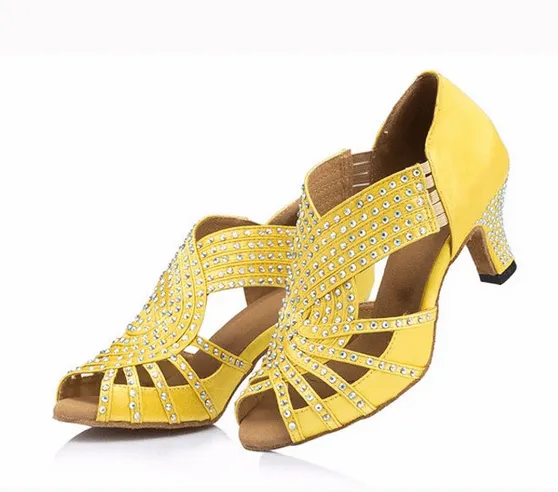 Rhinestone Ballroom Dance Shoes Yellow Satin Latin Salsa Dancing Shoes