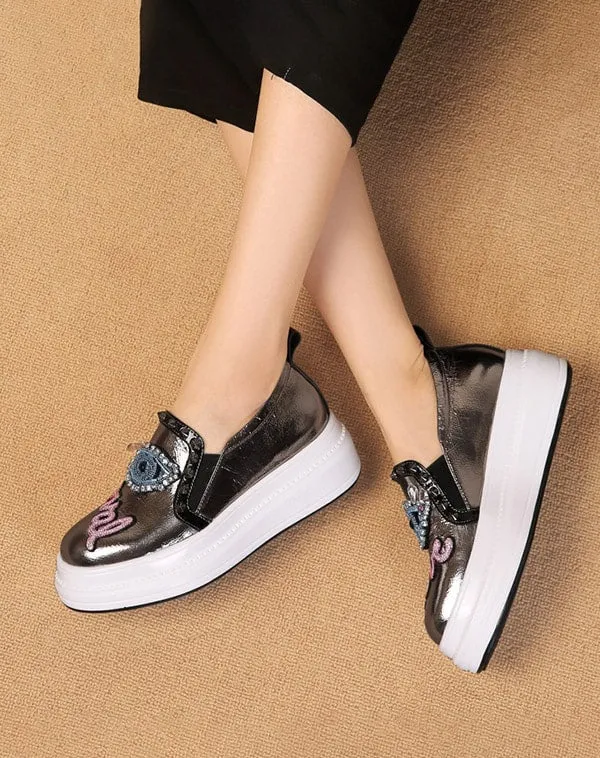 Rhinestone Silver Thick Heel Casual Shoes