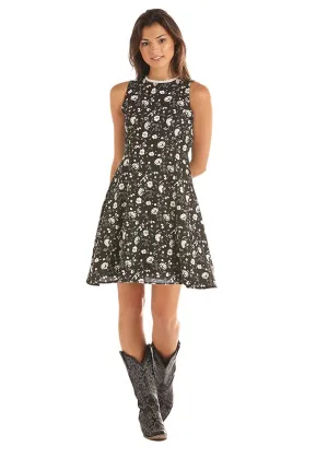 Rock & Roll Cowgirl Floral Printed Skater Dress, Black