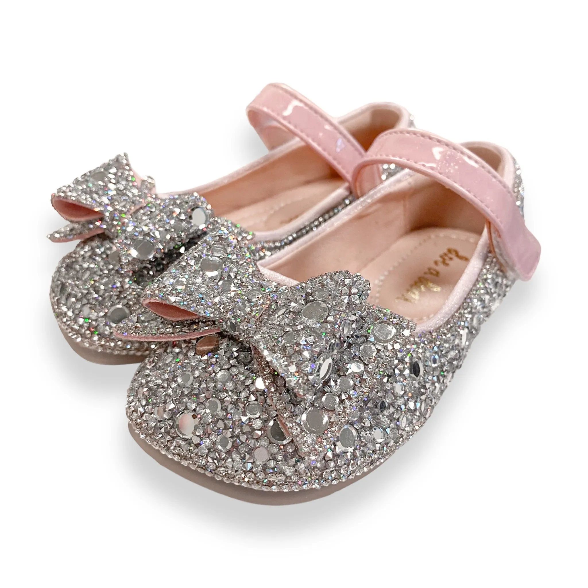 Silver Embellished Bowtie Flat Shoes in Pink