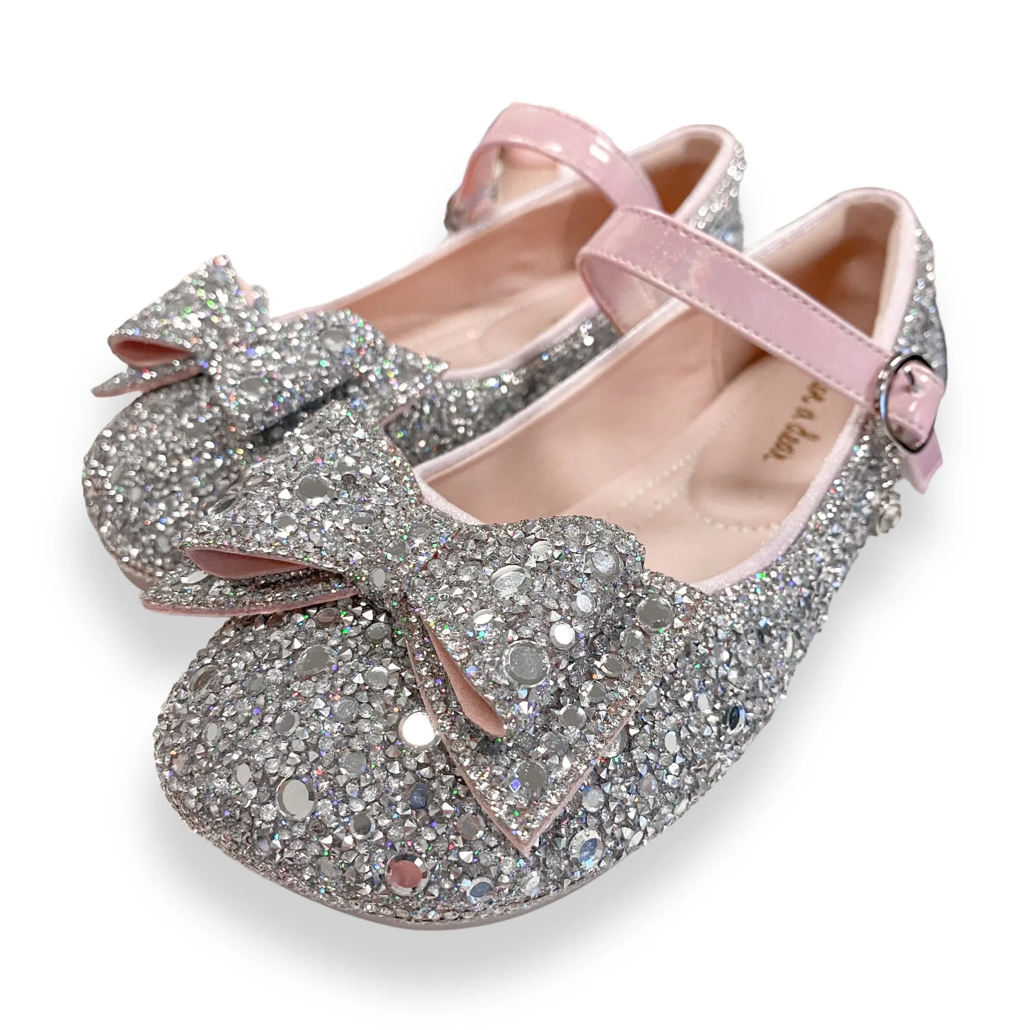 Silver Embellished Bowtie Flat Shoes in Pink