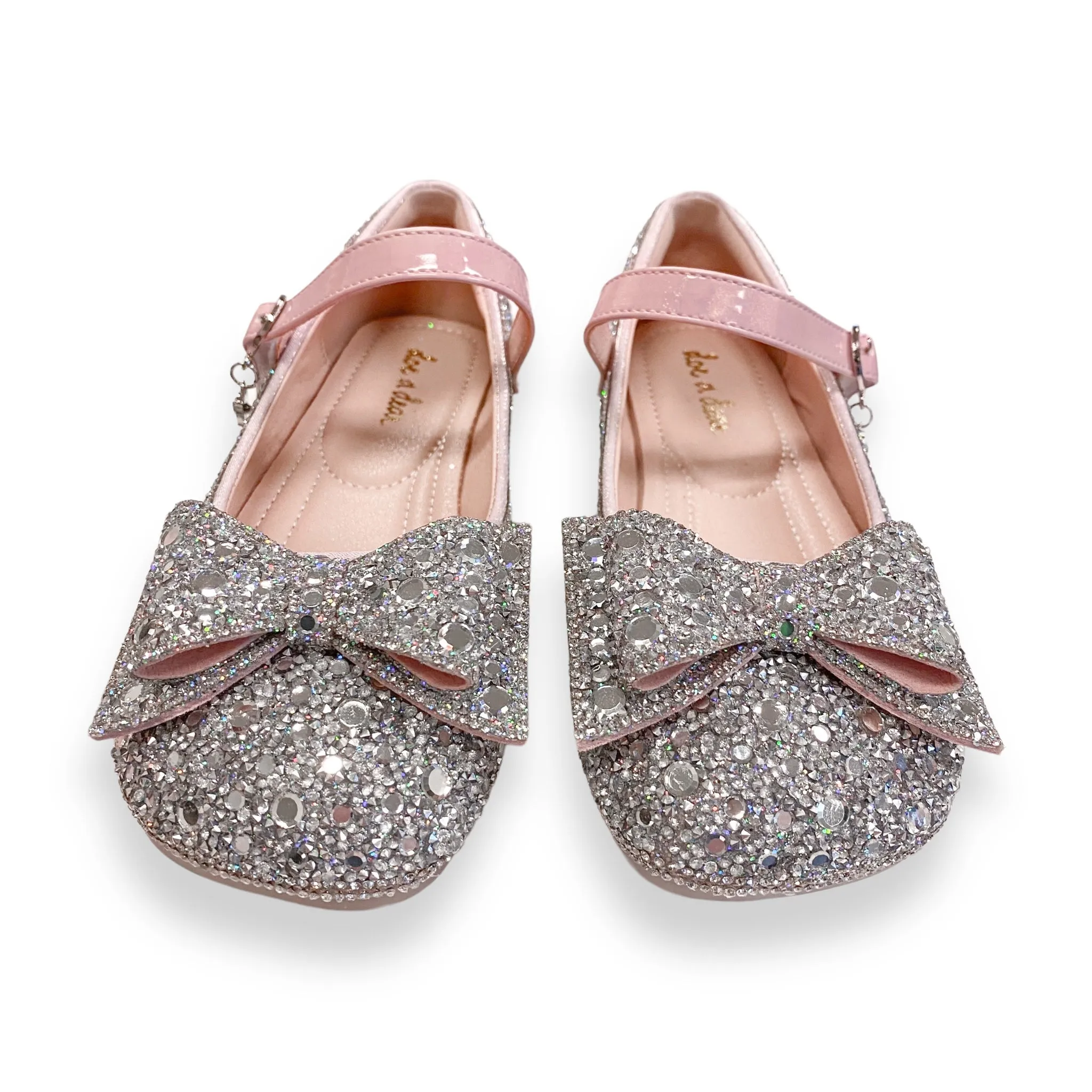 Silver Embellished Bowtie Flat Shoes in Pink