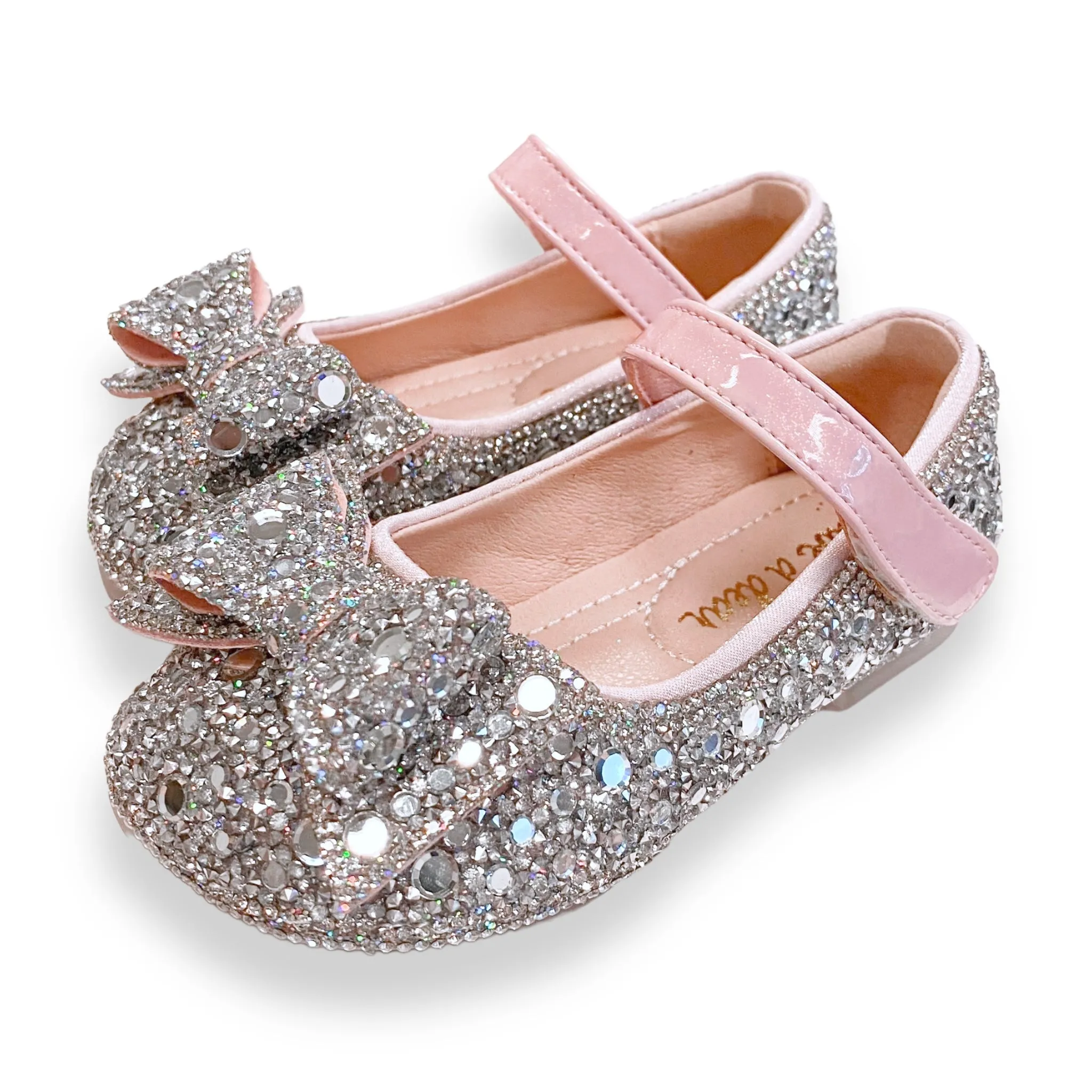 Silver Embellished Bowtie Flat Shoes in Pink