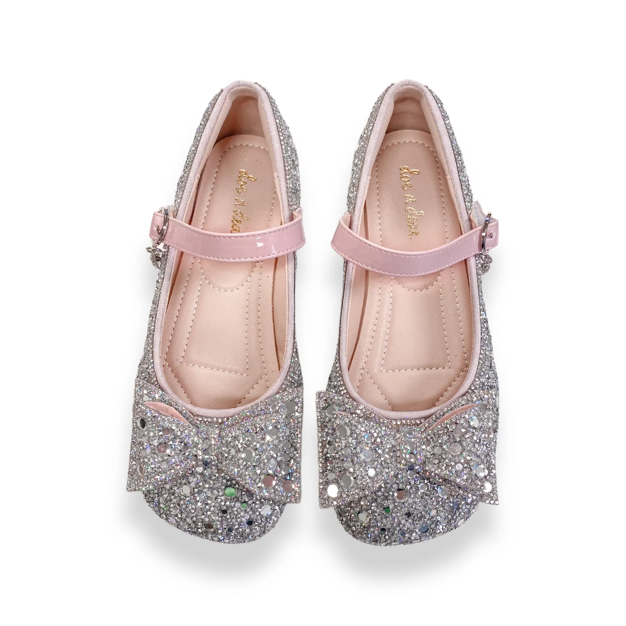 Silver Embellished Bowtie Flat Shoes in Pink