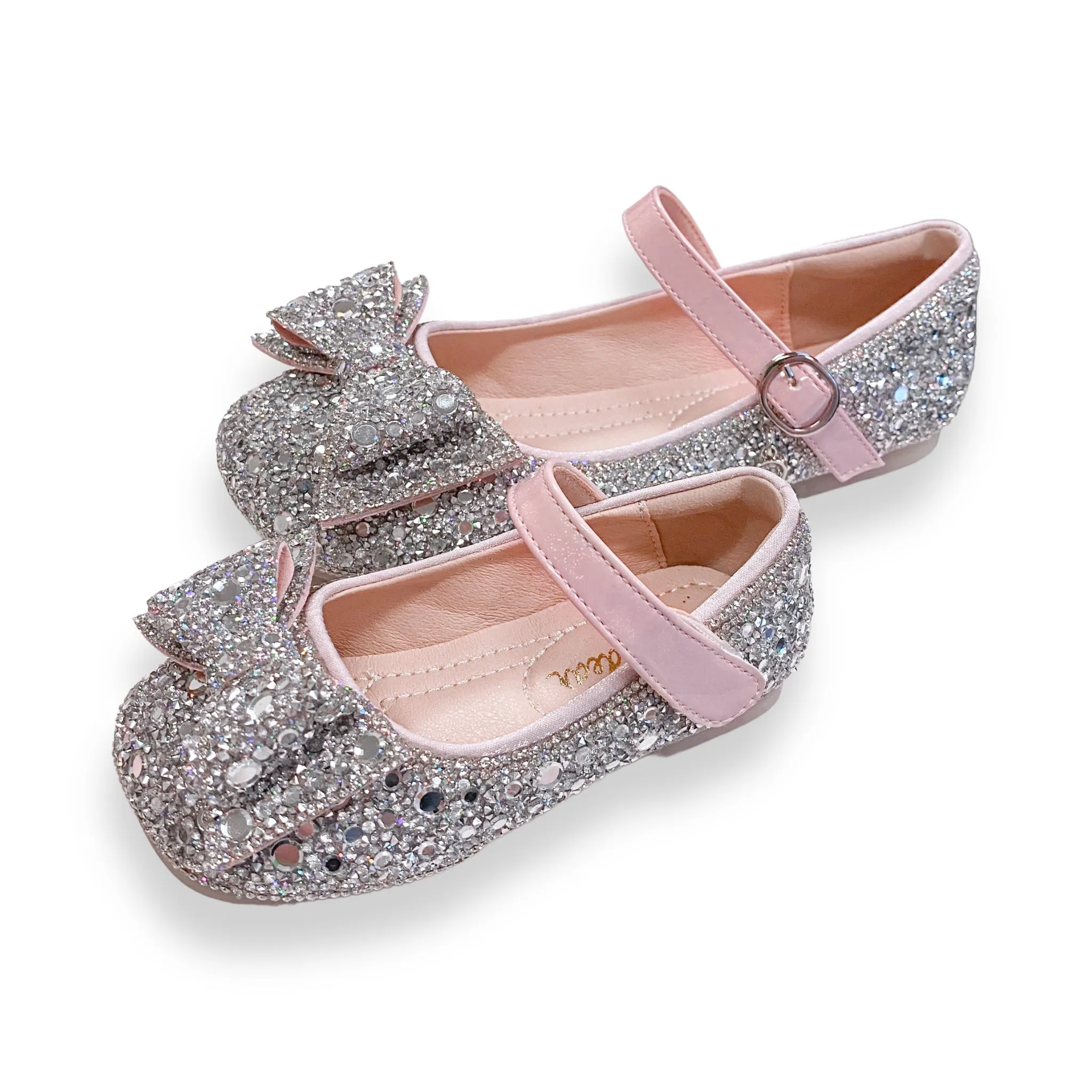 Silver Embellished Bowtie Flat Shoes in Pink