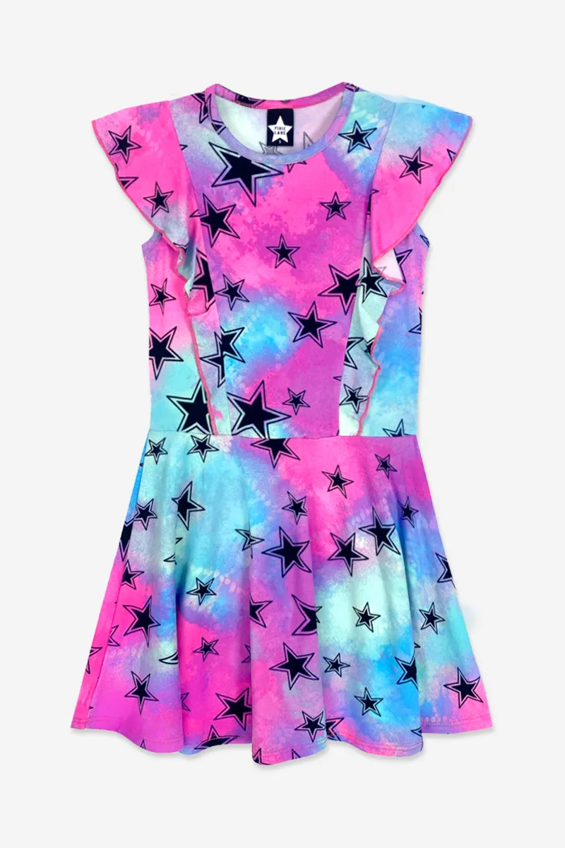 Simply Soft Flutter Sleeve Skater Dress - Aqua Pink Tie Dye Stars