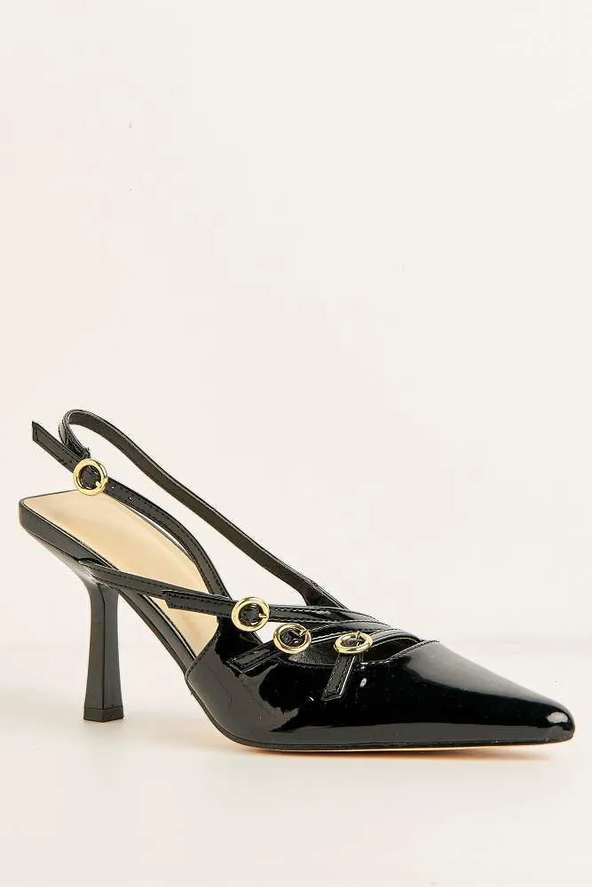 Sonora 3 Buckle Detail Slingback Heeled Court Shoes in Black