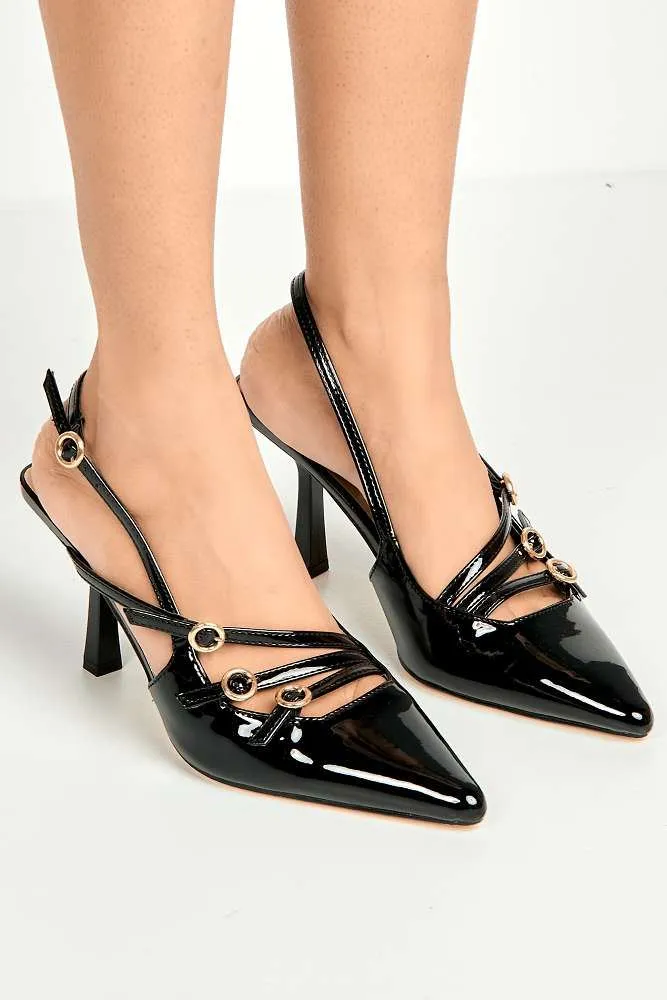 Sonora 3 Buckle Detail Slingback Heeled Court Shoes in Black