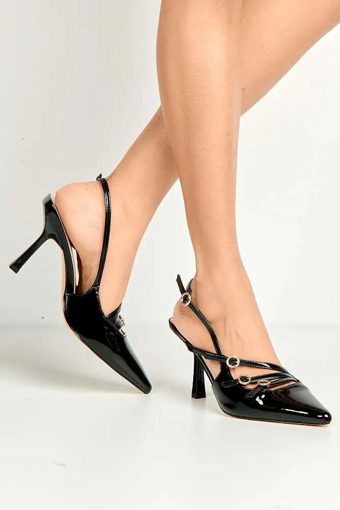 Sonora 3 Buckle Detail Slingback Heeled Court Shoes in Black