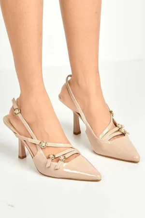 Sonora 3 Buckle Detail Slingback Heeled Court Shoes in Nude